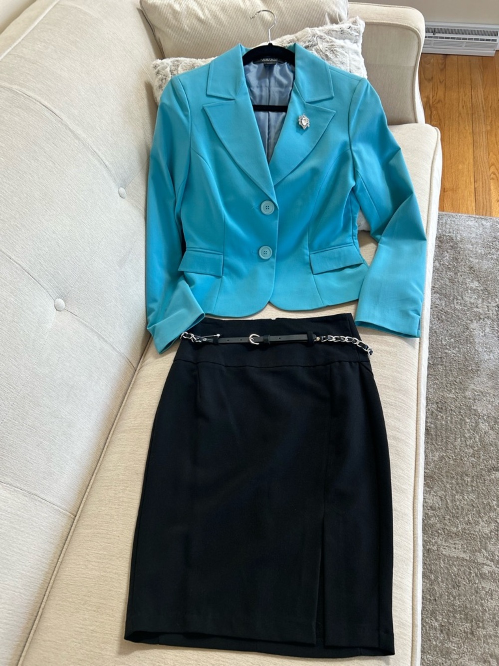 Rampage Turquoise Tailored Blazer with Accent Brooch & Black Pencil Skirt